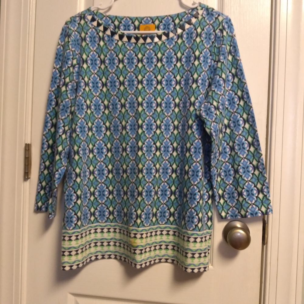 Blue & Green Printed Women's Top Blouse L Triangle Detail At Neckline